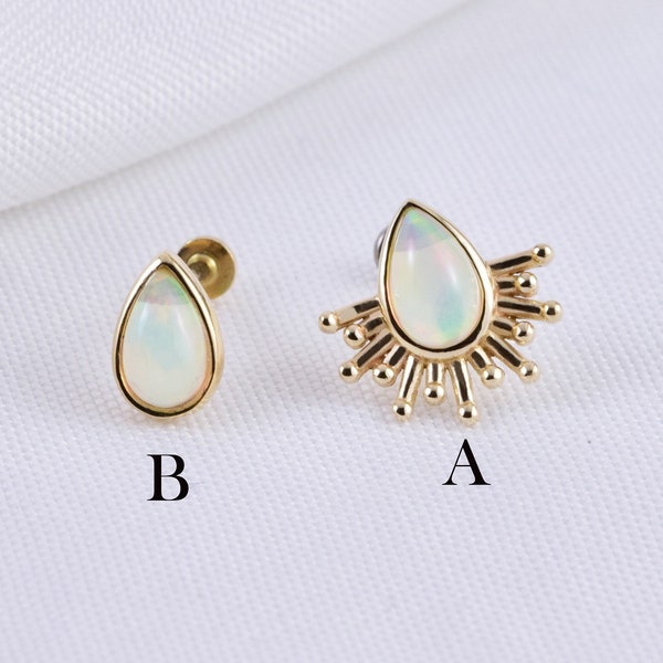 14K Solid Gold Natural Opal Cartilage Pear Opal  Earring Dainty Opal Helix Earring Targus Stud Conch Piercing Flat Back Earring 20g