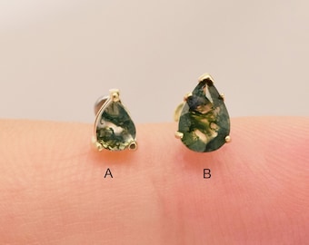 14K Solid Gold Moss Agate Earring Threadless Push Pin Stud Dainty Pear Shape Cartilage Helix Natural Agate stone Flat Back Earring 20g