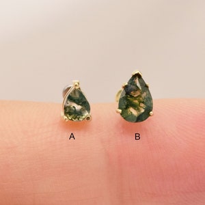 14K Solid Gold Moss Agate Earring Threadless Push Pin Stud Dainty Pear Shape Cartilage Helix Natural Agate stone Flat Back Earring 20g