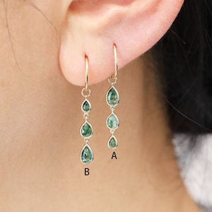 14K Solid Gold Dangle Pear Shape Moss Agate Dangle Charm, Gold Dangle Teardrop Gemstone Rook Hoop Charm, 14K Huggie Hoop Clicker Charm