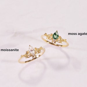 Solid Gold Moss agate Engagement Ring Gold Moissanite Wedding Ring Unique Danity Anniversary Ring Leaf Promise Ring Natural Drop Shape Ring