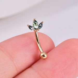14K Solid Gold Moss Agate Rook Eyebrow Earring 3 Marquise Flower Curved Barbell Rook Piercing Fan Shape Crown Rook Piercing Piercing Jewelry