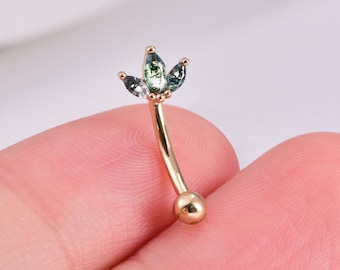 14K Solid Gold Moosachat Turmalin Augenbrauen Ohrring 3 Marquise Blume Curved Barbell Saatreiher Piercing Fächerkrone Krönchen Piercing Piercing Schmuck