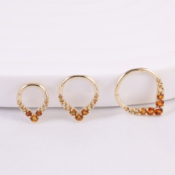 14K Solid Gold V Form natürliche Citrin Septum Ring abgestufte Farbe Citrin Knorpel Piercing Daith Ring Helix Ohrring Rook Conch Hoop 16g