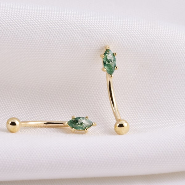 14K Solid Gold Moss Agate Marquise Rook Eyebrow Earring Tiny Marquise Curved Barbell Rook Piercing Gold Rook Piercing Piercing Jewelry 16g