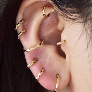 14K Solid Gold Diamond Cut Clicker, Orbital Seamless Huggie Rings, Cartilage Conch Faceted Helix Hoop 16g Piercings, Multi Size Earring