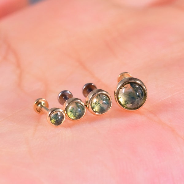 14k Solid Gold Moss Agate Threadless Push Pin Stud Earring Dainty Round Cartilage Helix Conch Natural Moss Agate Screw Back Earring 20g