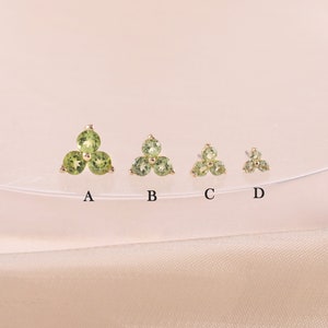 Pendiente de oro de 14 quilates con forma de triángulo de peridoto y diseño floral, con pasador de presión sin rosca, con gema para labio, cartílago, hélice y parte trasera plana.