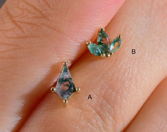 14K Gold kleine Raute Moosachat Ohrring fadenlose Push-Pin Labret zierliche Fächerform Knorpel Helix Tagus Ohrring mit flachem Rücken 20