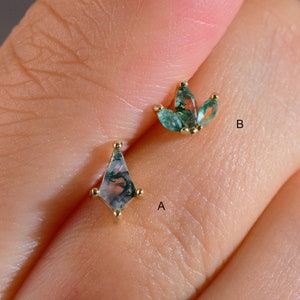 14K Gold Tiny Rhombus Moss Agate Earring Threadless Push Pin Labret Dainty Fan Shape Cartilage Helix Tagus Flat Back Earring 20