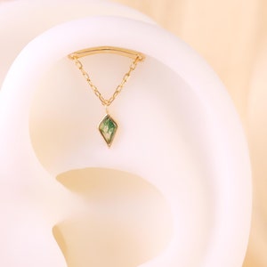 14K Solid Gold Dangle Kite Cut Moss Agate Piercing, Moss Agate Hidden Helix Cartilage Earring, Floating Helix Conch Threadless Push Pin Stud