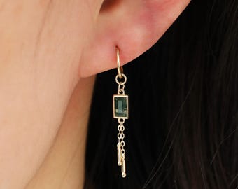 14K Solid Gold Dangle Baguette Moss Agate Charm, Dangle Bar Gemstone Hoop Clicker Charm, Gold Chain Rook Hoop Charm, 14K Huggie Hoop Charm