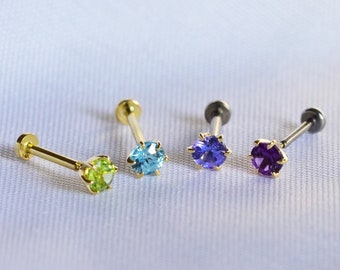 14K Solid Gold Ametyst Tanzanite Peridot Threadless Labret Push Pin Stud Natural Blue Zircon Cartilage Helix Tragus Flat Back Earring 20g