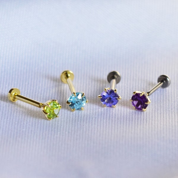 14K Solid Gold Ametyst Tanzanite Peridot Threadless Labret Push Pin Stud Natural Blue Zircon Cartilage Helix Tragus Flat Back Earring 20g