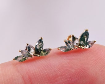 14K Gold Moosachat Ohrring fadenlose Push Pin Bolzen Zierliche Fächerform Knorpel Helix Conch Ohrring Naturstein Flat Back Ohrring handgefertigt