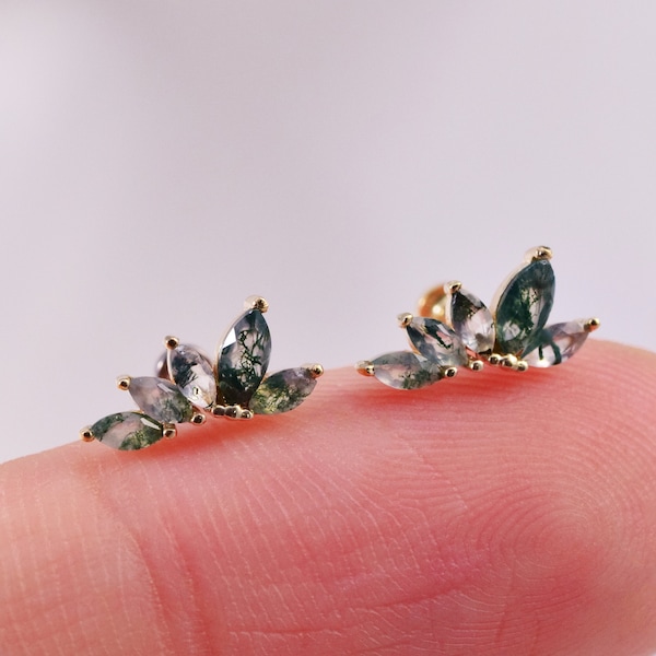 14K Gold Moss Agate Earring Threadless Push Pin Stud Dainty Fan Shape Cartilage Helix Conch Earring Natural stone Flat Back Earring handmade