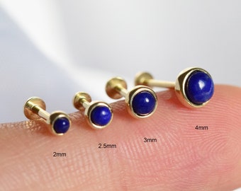 Boucles d'oreilles sans filetage en lapis-lazuli en or massif 14 carats, punaises labret, boucles d'oreilles vissées en pierre bleue naturelle