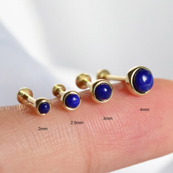 Boucles d'oreilles sans filetage en lapis-lazuli en or massif 14 carats, punaises labret, boucles d'oreilles vissées en pierre bleue naturelle