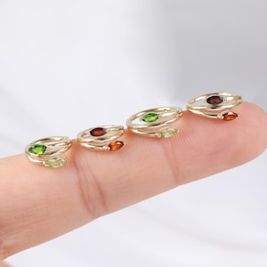 14K Solid Gold Garnet with Fanta Conch Clicker, Peridot with Diopside Rook Ring Seamless Hoop, Leaf Cartilage Daith Helix Huggie Ring 16G