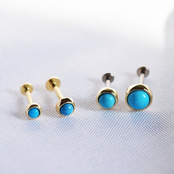 14K Solid Gold Natural Turquoise Threadless Push Pin Labret Dainty Round Gemstone Cartilage Helix Earring Turquoise Gemstone Earring