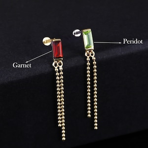14K Solid Gold Dangle Chain Garnet Peridot Earring Baguette Stone Cartilage Earring Helix Chain Piercing Conch Earring Flat Back Earring