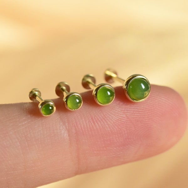 14K Solid Gold Green Jade Threadless Push Pin Stud Earring Dainty Round Jasper Cartilage Helix Natural Green Stone Screw Back Earring 20g