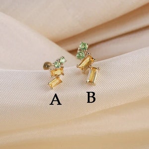14K Solid Gold Citrine Baguette Cut Ear Climber,Citrine Cartilage Earring,Peridot Baguette Helix Stud,Citrine Conch Piercing,Flat Back Stud