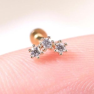 14K Solid Gold Moissanite Cartilage Piercing, Solid Gold Gemstone Climber Stud, Minimalist Three Been Helix Conch Stud, Flat Back Earring