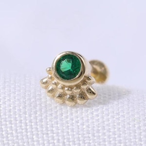 14K Solid Gold Emerald Fan Shaped Earring, Gold Dainty Gemstone Helix Cartilage Tragus Stud,  Earlobe Conch Daith Threadless Pin  Piercing