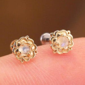 14K Solid Gold Moonstone Flower Flat Back Stud, Rose Cut Gemstone Cartilage Helix Piercing, Floral Conch Tragus Threadless Push Back Earring