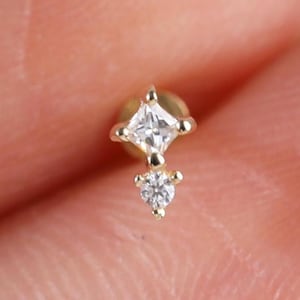 14K Solid Gold Double Moissanite Cartilage Piercing, Real Diamond Helix Conch Stud, Sparkly Diamond Flat Back, Tiny Threadless Push Pin
