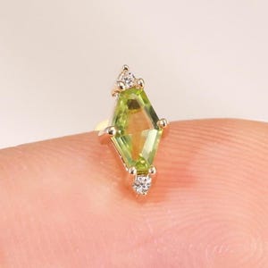 14K Solid Gold Peridot with Moissanite Push Back Stud, Rhombic Shape Cartilage Helix Piercing, Diamond Conch Threadless Flat Back Earring