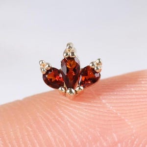 14K Solid Gold Red Garnet Cartilage Flat Back Earring, Real Gold Lucky Clover Helix Tragus Stud, Flower Conch Lobe Threadless Pin Piercing