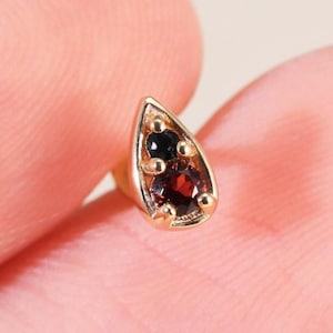 14K Solid Gold  Garnet with Black Onyx Teardrop Stud Earring, Gold Gemstone Daith Cartilage Piercing, Conch Tragus Helix Nose Flat Back Stud