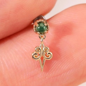 14k Solid Gold Moss Agate Flat Back Earring, Vintage Scroll Dangle Threadless Push Pin Stud, Gemstone Labret Conch Helix Tragus Piercing