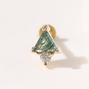 14K Solid Gold Triangular Moss Agate Earring, Solid Gold Moissanite Helix Cartilage Piercing, Earlobe Conch Tragus Snug Push Back Stud