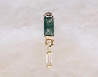 14Kソリッドゴールドモスアゲートダングルピアス、ホワイトトパーズ