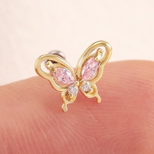 14K Solid Gold Pink Tourmaline Butterfly Studs, Moissanite Tragus Helix Threadless Pin, Diamond Butterfly Labret Conch Cartilage Piercings image 1