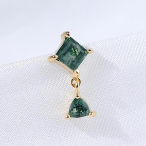 14K Solid Gold Dangle Moss Agate Lobe Cartilage Earring, Drop Natural Gemstone Tragus Helix Stud, Square Flat Back Threadless Pin Piercing