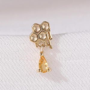 14K Solid Gold Honeycomb with Citrine Drop Stud, Gemstone Bee Hive Cartilage Helix Piercing, Drop Honey Tragus Conch Lobe Flat Back Earring