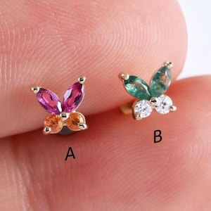 14K Solid Gold Rhodolite Garnet with Orange Sapphire Butterfly Stud, Moss Agate with Moissanite Helix Lobe Piercing, Conch Cartilage Earring