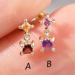 14K Solid Gold Rhodolite Garnet with Amethyst Dangle Piercing, Fanta with Garnet Earring, Cartilage/Helix/Earlobe Threadless Flat Back Stud