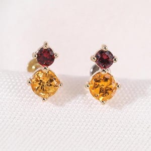 14K Solid Gold Citrine with Orange Sapphire Stud, Gemstone Helix Conch Studs, Cartilage Lobe Flat Back Piercing, November Birthstone Jewelry