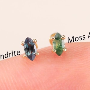 14K Solid Gold Marquise Alexandrite Tragus Earring, Tiny Moss Agate Helix Cartilage Push Back, Marquise Conch Earlobe Labret Nose Piercing