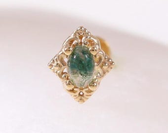14K Solid Gold Moss Agate Floral Flat Back Piercing, Flower Helix Cartilage Earring, Handmade Rhombus Conch Labret Nose Threadless Stud