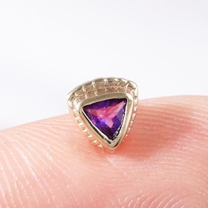 14K Solid Gold Amethyst Trillion Threadless Push Pin, Helix Earlobe Tragus Flat Back Piercing, Bezel Set Gemstone Conch Cartilage Earring