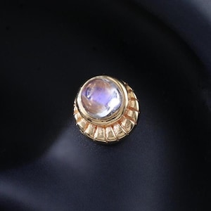 14K Solid Gold Moonstone Cartilage Helix Stud, Shell Pearl Gemstone Conch Lobe Earring, Stud, Flat Back Tragus Threadless Push Pin Piercing