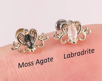 14K Solid Gold Moss Agate Floral Earring, Labradorite Cartilage Conch Helix Labret Stud,  Gemstone Flower Threadless Flat Back Piercing