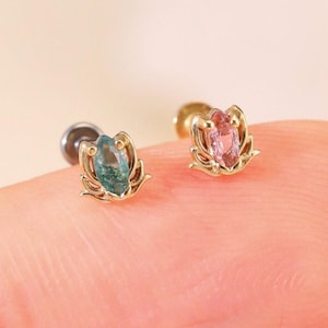 14K Solid Gold Pink Tourmaline Rose Stud, Moss Agate Floral Threadless Push Pin Earring, Cartilage Lobe Tragus Conch Helix Flower Piercing