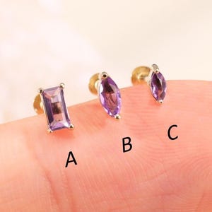 14K Solid Gold Amethyst Marquise Cartilage Piercing, Gemstone Baguette Conch Lobe Helix Earring, Threadless Tragus Push Flat Back Earring